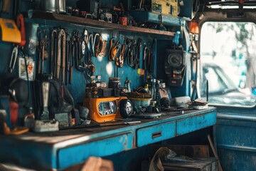 A well-worn workbench with tools and equipment.