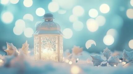 A festive Christmas background featuring a charming lantern surrounded by snow and delightful decorations, set against a backdrop of shimmering blue bokeh lights, perfect for a holiday card or banner 