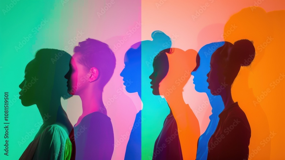 Poster A spectrum of voices, featuring abstract shapes in gradient hues, symbolizing representation and equality