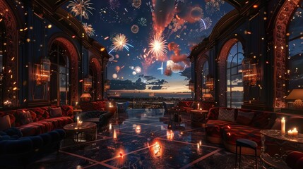 An opulent lounge with large windows overlooking a city skyline with fireworks exploding in the night sky.