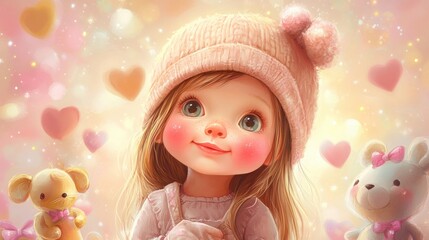 Fototapeta premium Baby girl cartoon with rosy cheeks and tiny hat, with a cute background of toys and hearts