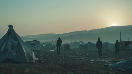 A stark visual of refugee crisis, showing a makeshift camp with a distant, uncertain horizon