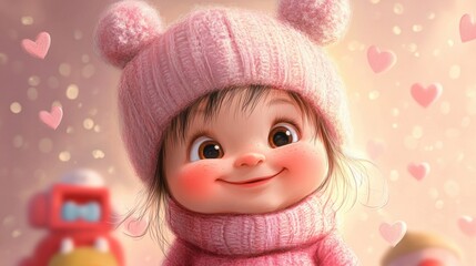 Fototapeta premium Baby girl cartoon with rosy cheeks and tiny hat, with a cute background of toys and hearts