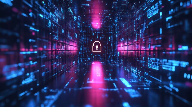 A glowing padlock icon sits at the end of a digital tunnel, symbolizing data security and cyber protection. - Powered by Adobe