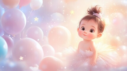 Cartoon baby girl in a tutu, with a background of pastel balloons and stars