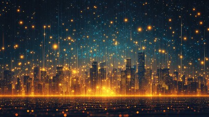 City skyline silhouette with glowing lights and abstract network connections in blue and black. A striking digital illustration blending urban and futuristic art.