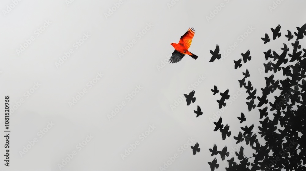 Poster a striking depiction of a single vibrant bird flying out of a flock of monochromatic birds, represen