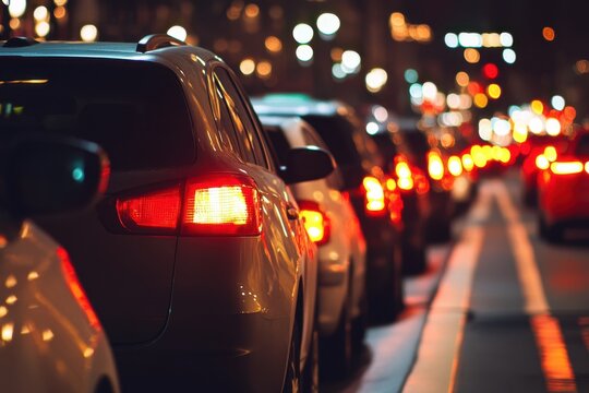 Cars in traffic at night with blurred city lights in the background.