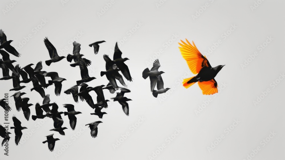 Poster a striking depiction of a single vibrant bird flying out of a flock of monochromatic birds, represen
