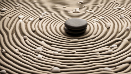 Naklejka premium A close-up of a Zen garden showcasing smooth stones and meticulously raked sand patterns. The harmonious lines and balanced elements symbolize mindfulness, calm, order, and meditation.