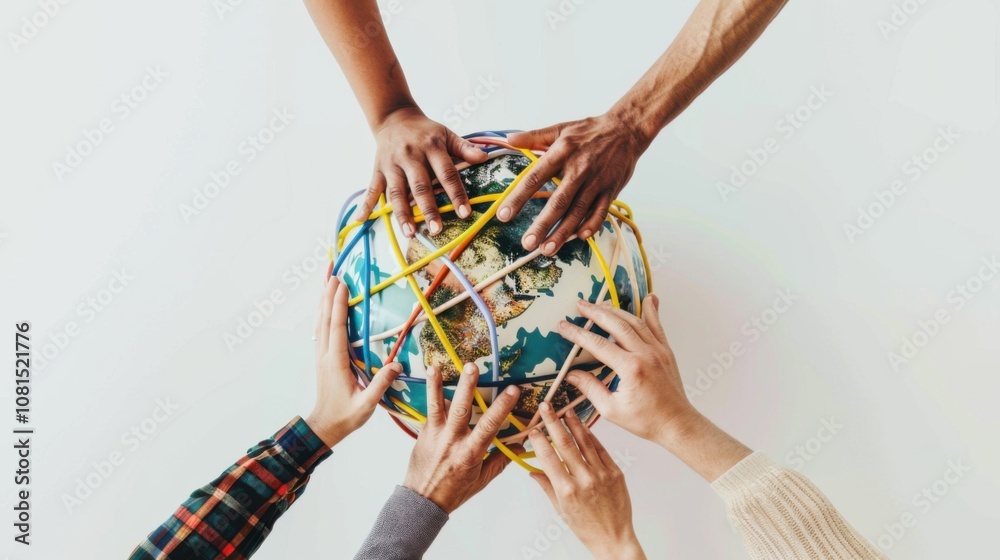 Poster A striking image of a globe with a network of diverse hands connecting various points, Symbolizing global inclusivity and interconnectedness, minimalist style