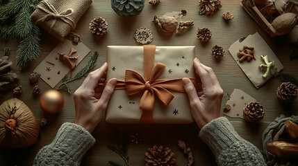 An up-close view of hands tying a bow on a gift, with surrounding items like tags and small ornaments in focus and arranged neatly Highlighting the beauty of imperfections.f/1.4 wide aperture. 