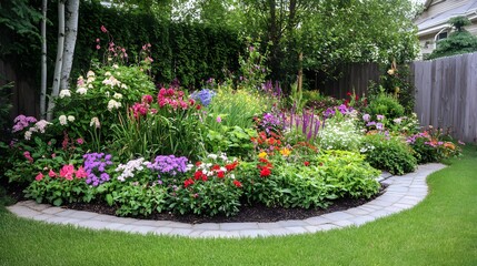 Obraz premium vibrant flower bed with variety of colors and textures, showcasing blooming plants in beautifully landscaped garden. lush greenery enhances cheerful atmosphere