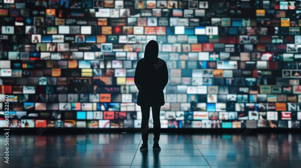 Poster a striking image of a lone person standing before a vast wall of advertisements, representing the ov