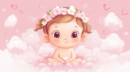 Naklejka premium Cute cartoon baby girl in a flower crown, surrounded by hearts and soft clouds on a pink background