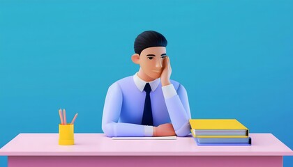 burnout at the desk. Lonely employee at desk, stressed and fatigued, 3D illustration.
