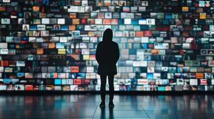 A striking image of a lone person standing before a vast wall of advertisements, representing the overwhelming influence of consumerism and media saturation, Symbolizing the pressure of materialism