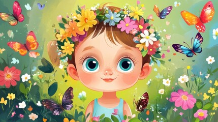 Fototapeta premium Cute cartoon baby girl in a flower crown, surrounded by colorful butterflies and flowers