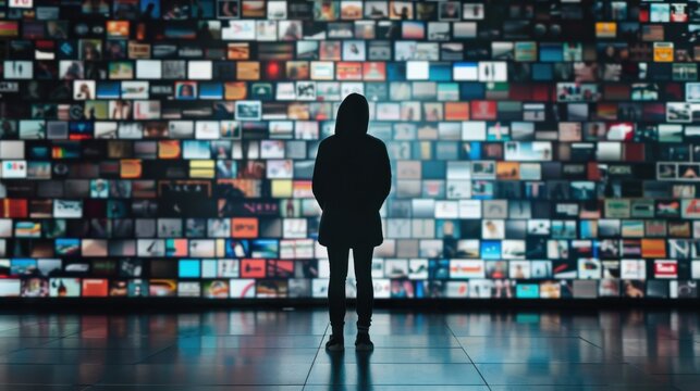 A striking image of a lone person standing before a vast wall of advertisements, representing the overwhelming influence of consumerism and media saturation, Symbolizing the pressure of materialism