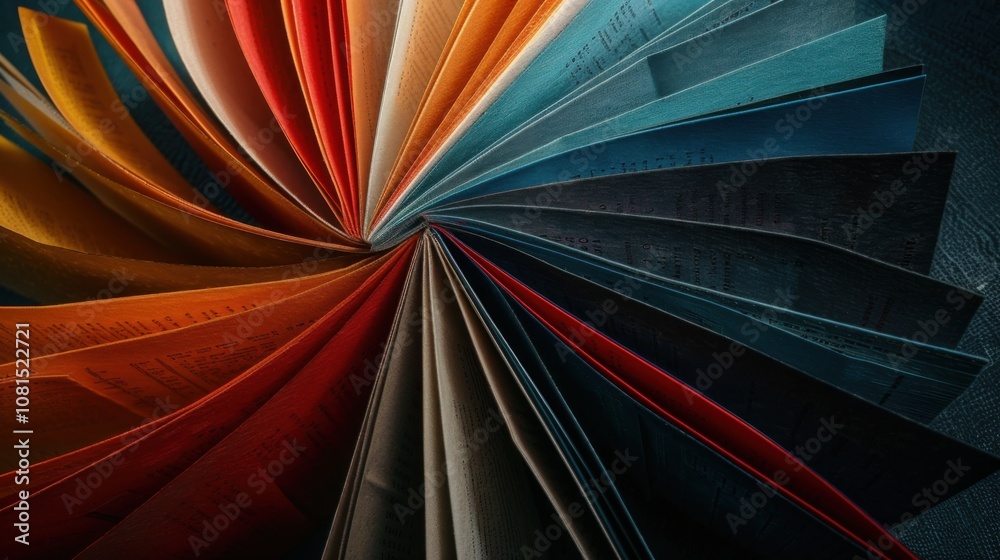 Poster a striking image of an open book with pages of different colors and textures fanned out, representin
