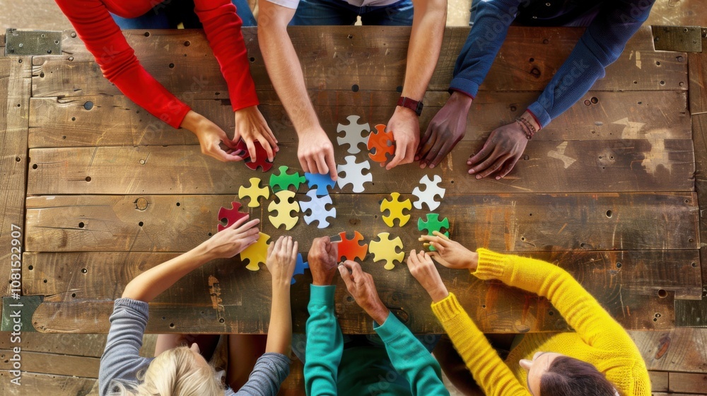 Poster A striking image of collaborative problem-solving, depicting a diverse group of individuals piecing together a complex puzzle with interlocking parts