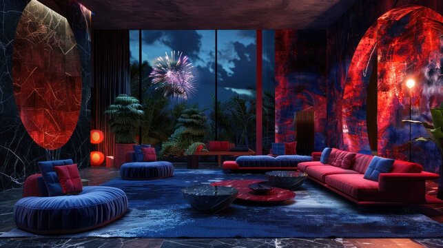 Fototapeta A modern living room with a large window overlooking a nighttime cityscape with fireworks in the distance. 