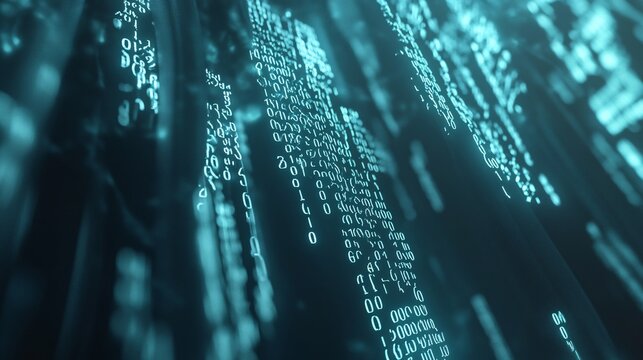 Abstract visualization of digital security: cascading streams of binary code form protective barriers. Glowing number sequences pulse with energy, suggesting the constant flow of data. Cool blue