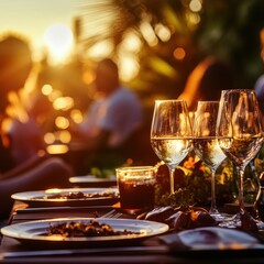 Close-up of wine glasses on a table with blurred background of people enjoying a meal and sunset.