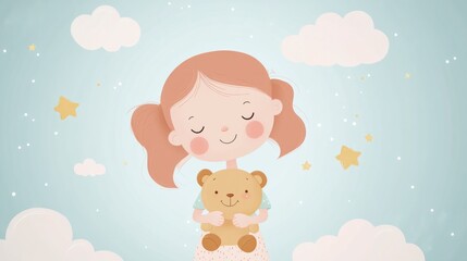 Happy cartoon baby girl with rosy cheeks, holding a teddy bear, with a background of clouds and stars
