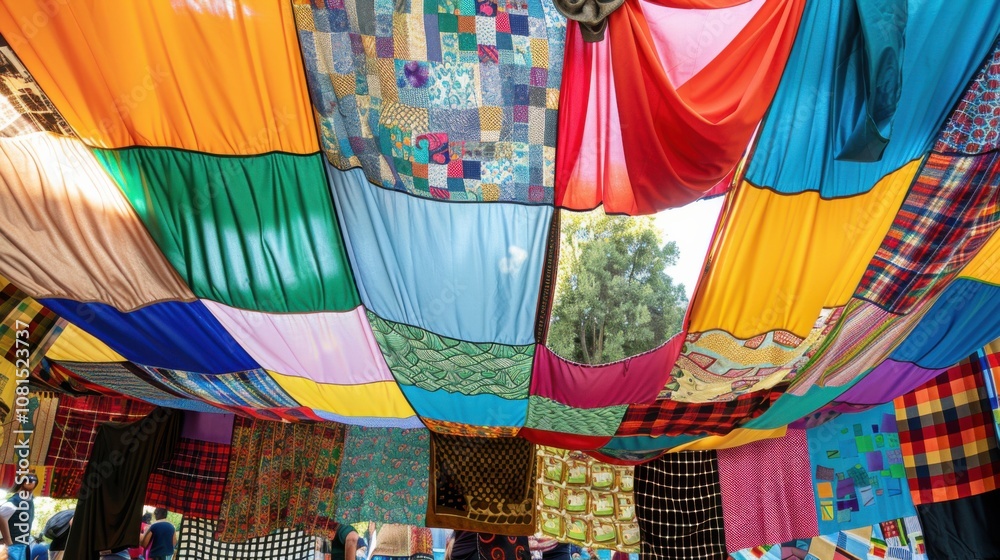 Aufkleber A striking scene of a colorful quilt made from various fabrics and patterns, draped over a community gathering, Symbolizing the warmth and unity created from diverse backgrounds