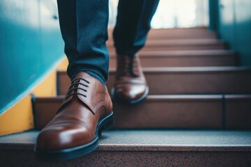 Fototapeta premium Close-up of man's feet in brown leather shoes walking up stairs.