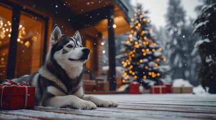 Siberian Husky lying outdoors next to red gift on terrace of modern wooden house with Christmas tree in background decorated in festive bokeh lights. Dog waiting for the New Year's day or Christmas