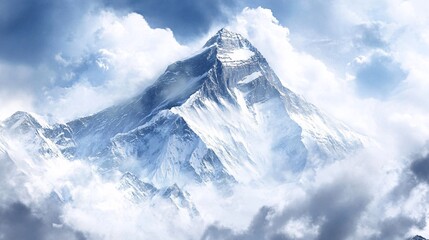 majestic everest emerges from swirling snowstorm, brushstrokes capture icy grandeur, winter's raw beauty immortalized in emotive landscape painting