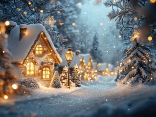 Fototapeta premium Discover the enchantment of a snowy miniature village glowing with warmth and soft bokeh effects