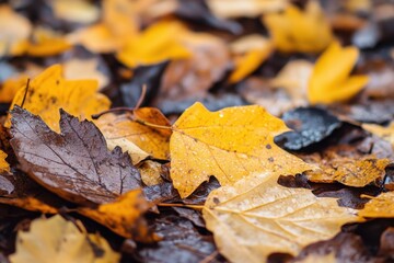 Closeup of wet autumn leaves on the ground.