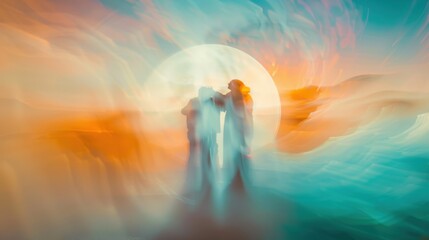 A surreal landscape with abstract figures embracing in a circle, Signifying unity and mutual respect in diverse relationships, photography style