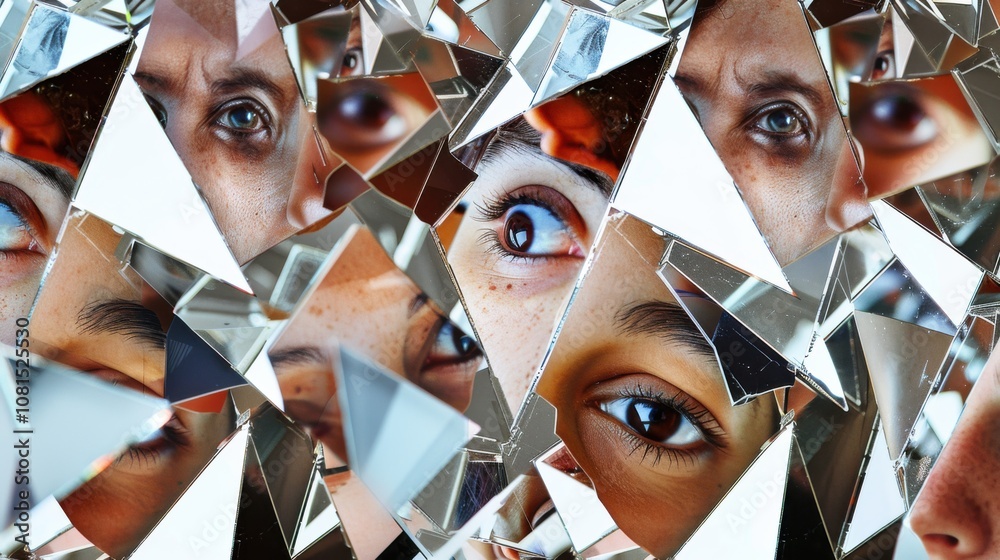 Poster a surreal montage of fragmented mirrors reflecting diverse faces and identities, illustrating the mu