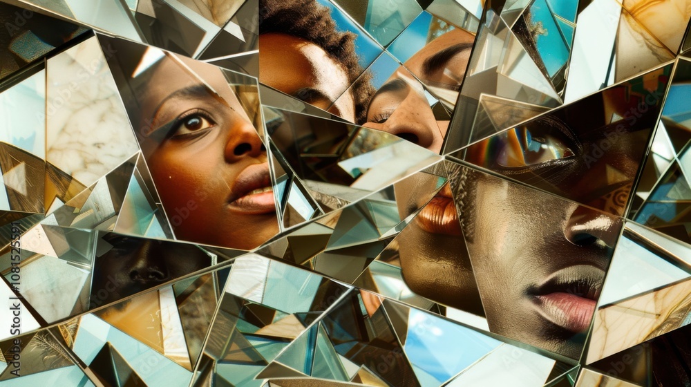 Poster a surreal montage of fragmented mirrors reflecting diverse faces and identities, illustrating the mu