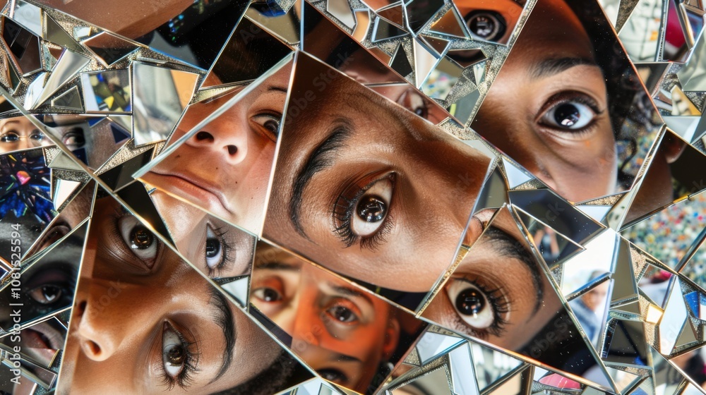 Poster a surreal montage of fragmented mirrors reflecting diverse faces and identities, illustrating the mu