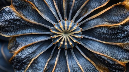A close-up of a dried poppy seed head, showing its intricate details and patterns.