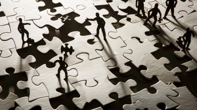 A symbolic image of collaborative success, depicting a diverse team working together to assemble a complex puzzle