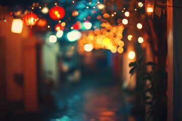Vibrant Festive Lanterns and Colorful Lights in a Cozy Alley at Night