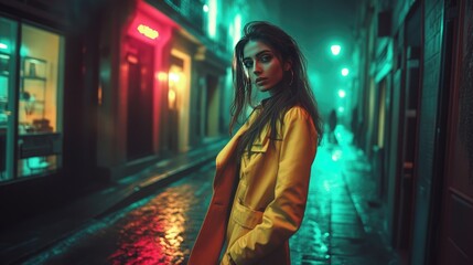Fototapeta premium Mysterious Woman in Neon-Lit Urban Alley at Night