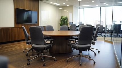 Modern office conference room with round table and chairs, professional meeting space in corporate environment, bright and open