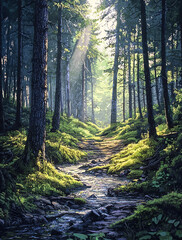 Fototapeta premium A forest path with sunlight shining through the trees