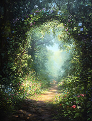 Fototapeta premium A painting of a forest with a large archway in the middle