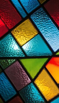 Stained Glass with Simple Geometric Pattern and Vibrant Colors Illuminated by Bright Light