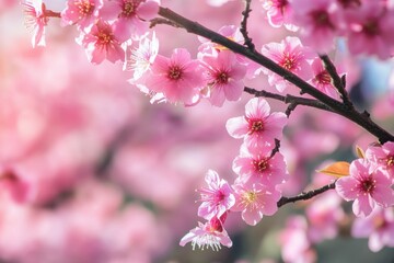 Obraz premium Delicate pink cherry blossoms on a branch against a soft, blurred background.