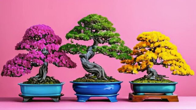 Three colorful bonsai trees in decorative pots against a pink background.