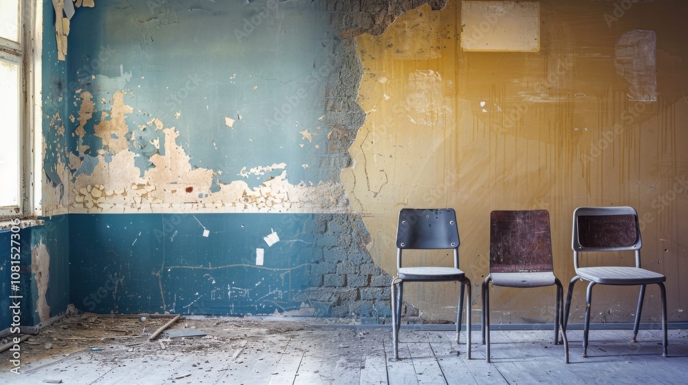 Poster a symbolic representation of educational disparity, showing an empty, dilapidated classroom juxtapos
